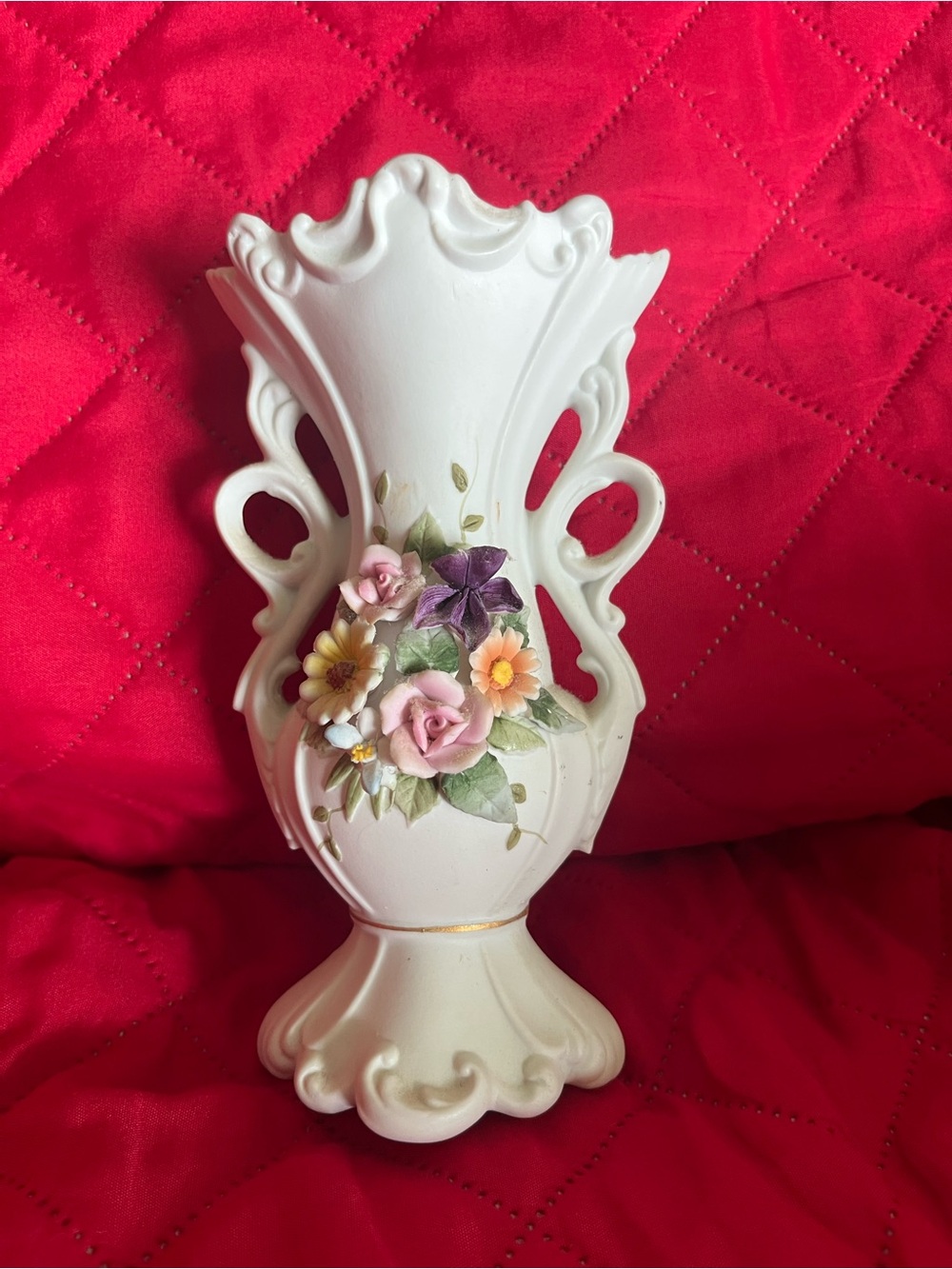 Vintage Lefton China HTF KW 7209 Porcelain Vase with Pink Purple Floral Accents